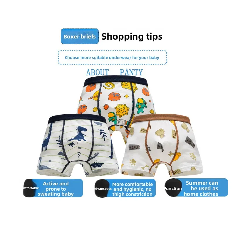 4 Pack Summer Boys Cotton Boxer Briefs Cartoon Dinosaur Printed Soft Breathable Kids Underwear111