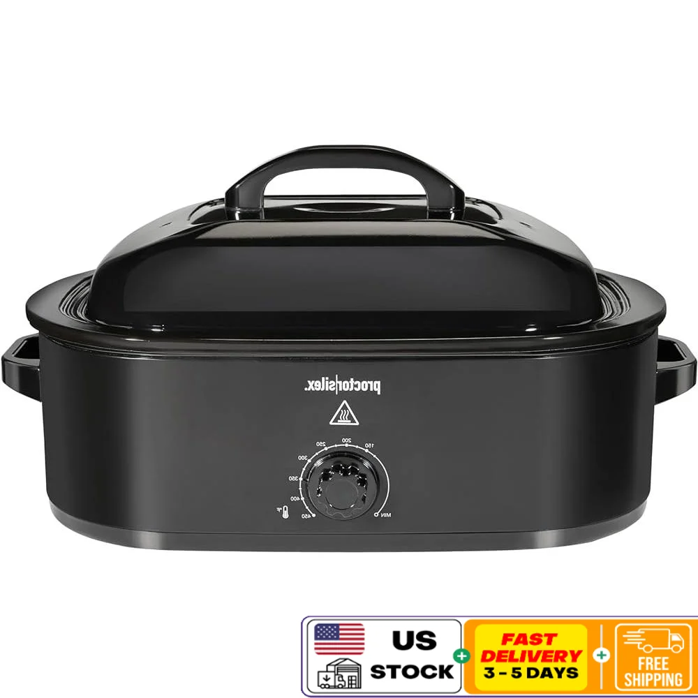 فرن شواء كهربائي سعة 18 لترًا، قابل للتعديل للتحكم في درجة الحرارة، غطاء ذاتي التغطية، وعاء قابل للإزالة، رف طبخ بسعة كبيرة رطبة