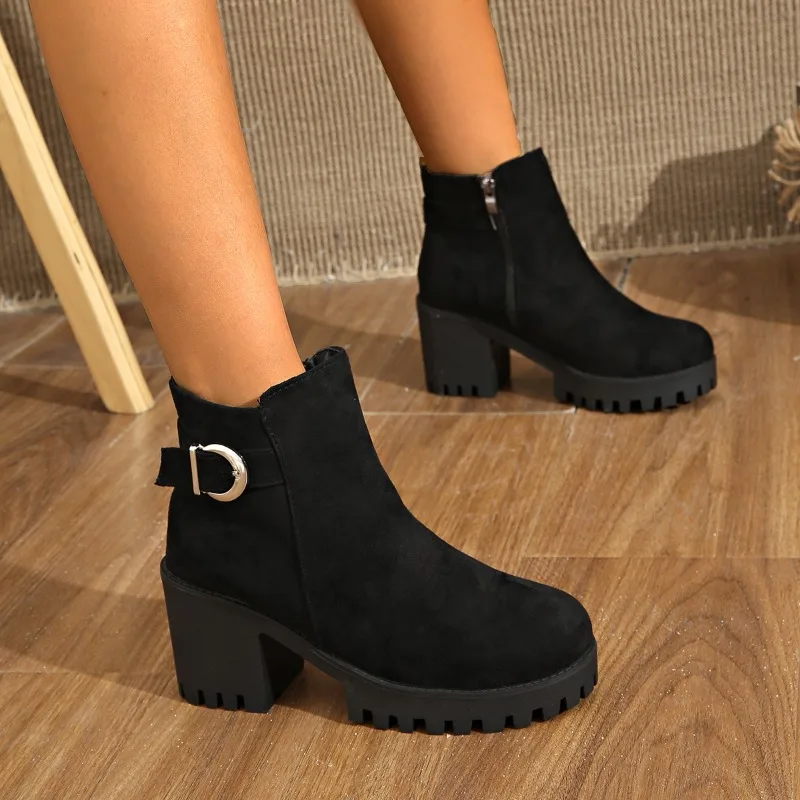 Fall New Block Heel Boots Women's Fashion Round Toe Suede Side Zipper Platform Non-Slip Single Boots