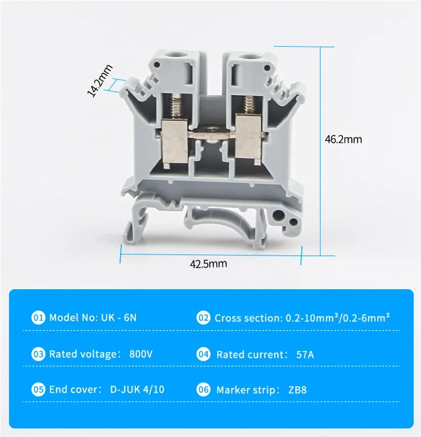 10Pcs UK-6N Din Rail Terminal Block Universal Class Connector Screw Connection Terminal Strip Block UK6N Wire Conductor