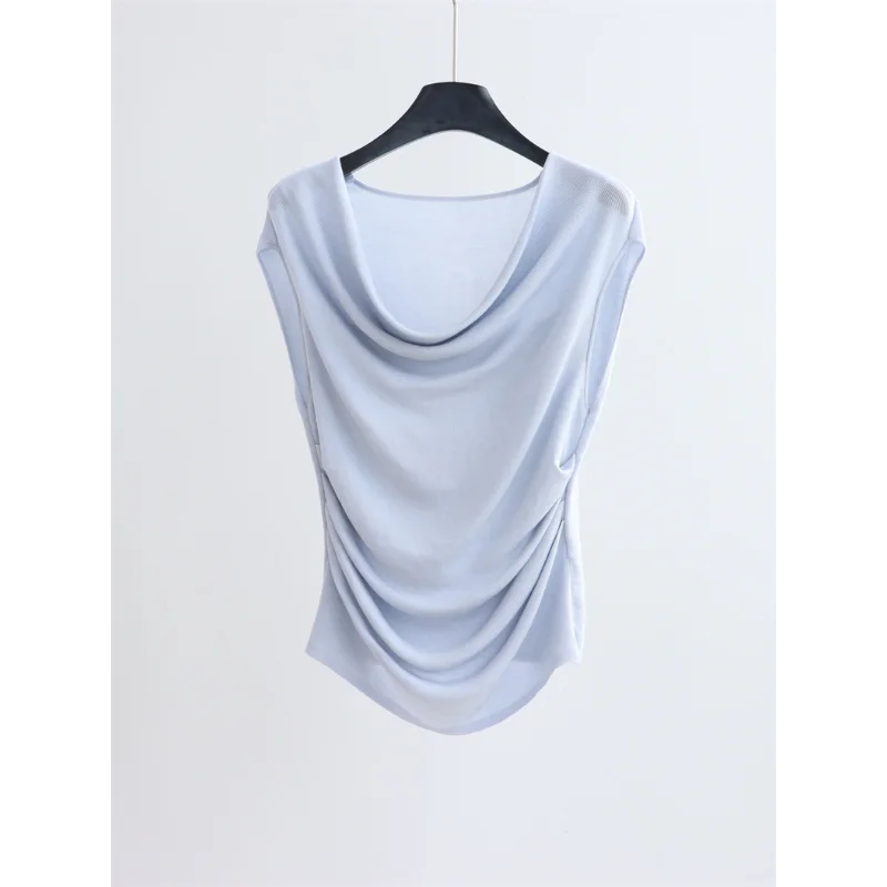 

Women Sleeveless Sweater with Swinging Neck Summer Waist Pleated Vest Top French Black Blue Versatile Elegant Knit Lady Top