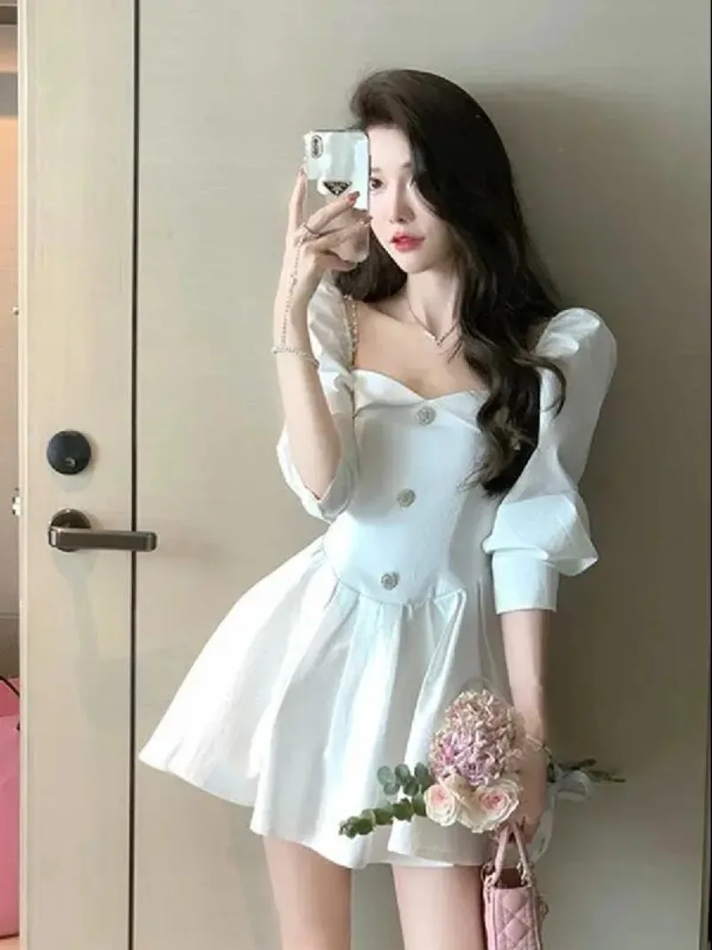 Corrente quadrada pescoço feminino vestido branco francês manga comprida saia de princesa linha a vestido curto fofo para mulher