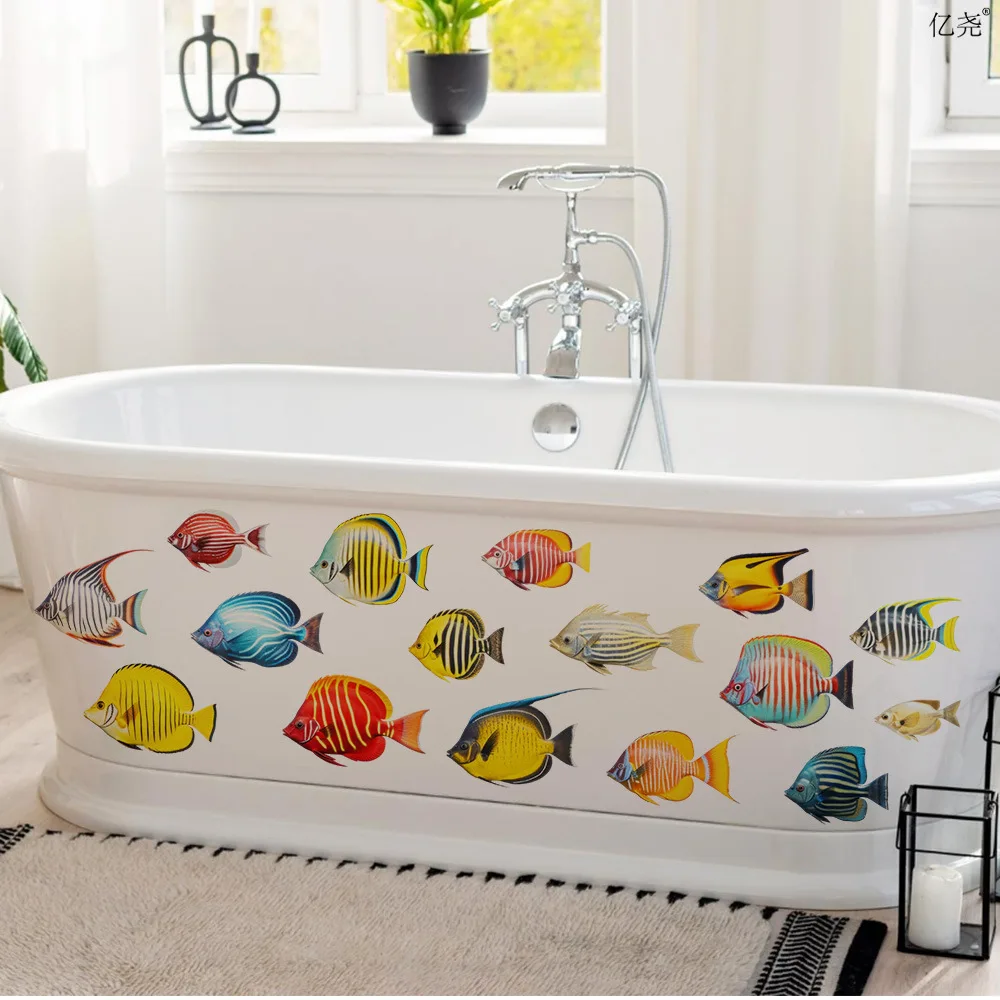 Cartoon Watercolor Marine Tropical Fish Group Decor Under Sea Fish Wall Stickers Children Bedroom Bathroom Ocean Animals Sticker