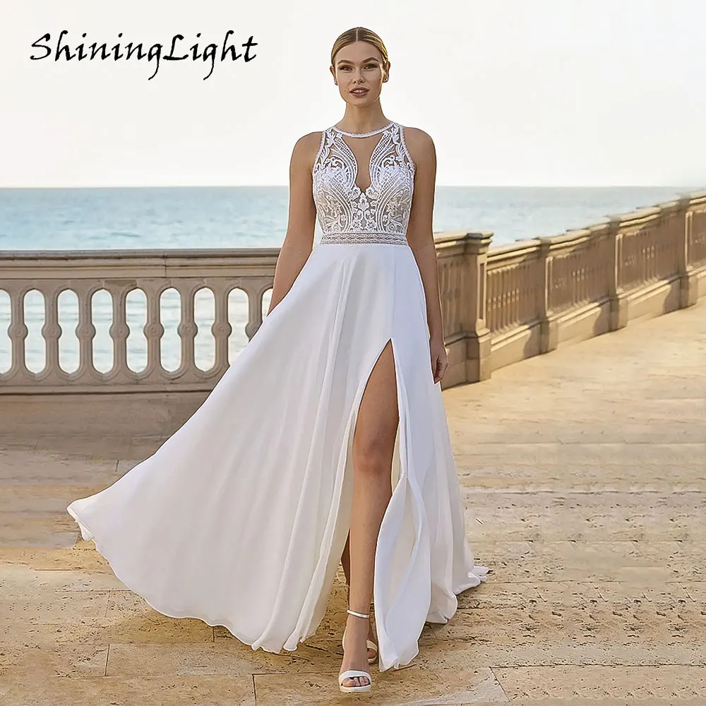

ShiningLight Summer Beach Wedding Dresses Side Split Sleeveless Chiffon A-Line Lace Bridal Gowns Bohemian Bride Dress Customized