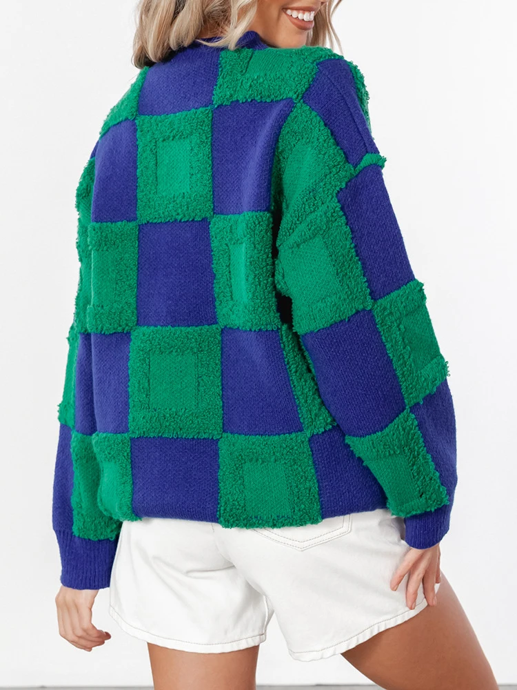 Fall Winter 2024 Women's Sweater Loose Checker Plaid Color Block Jumper Pullover Knitwear Jacket Top For Women Long Sleeve 49918