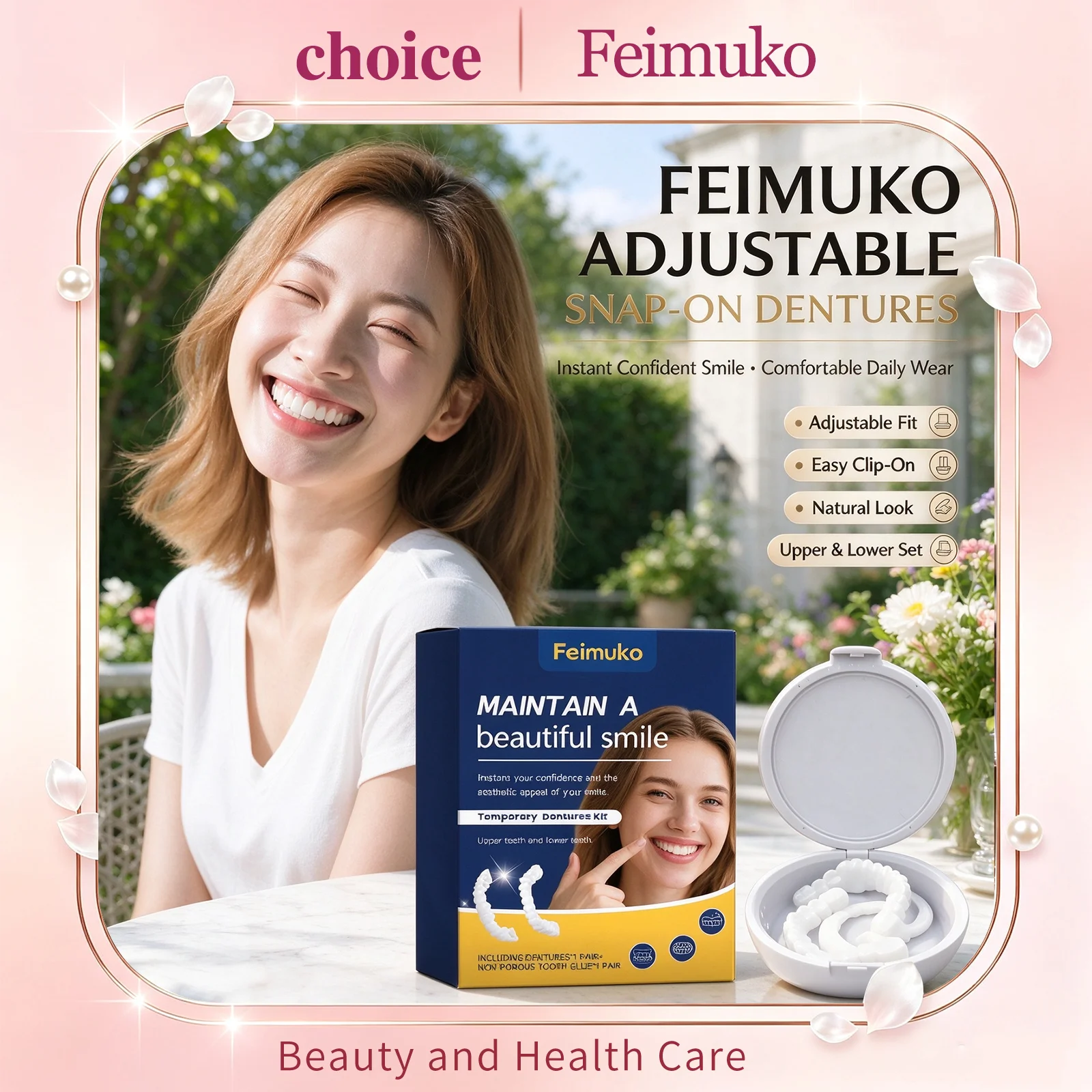 Feimuko Adjustable Snap-On Dentures Secure Natural Appearance Instant Smile Veneers Upper Lower Set Portable Resin Denture Kit