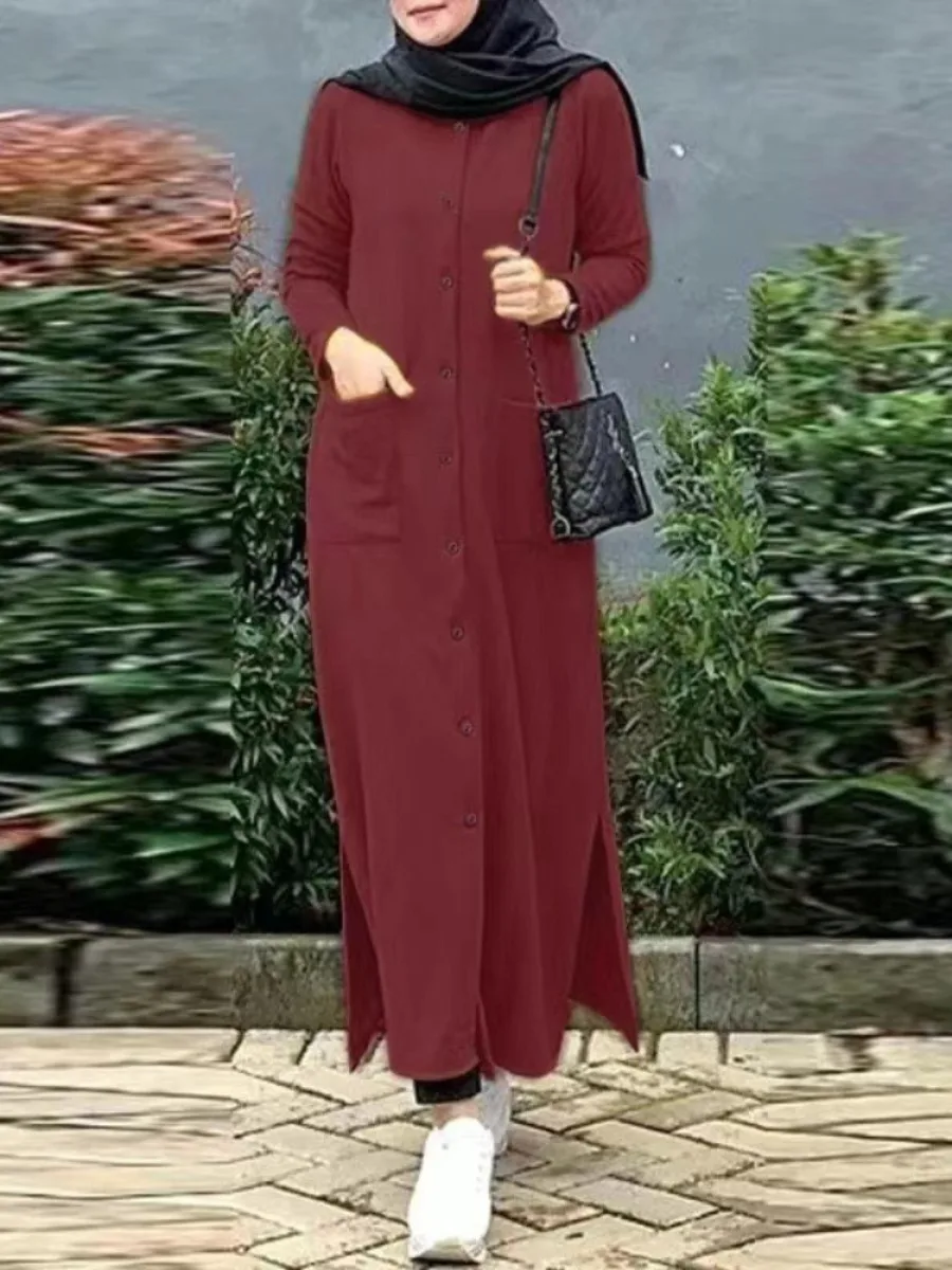 Eid Muslim Dress for Women Single Breasted Pocket Abaya Jalabiya Long Dresses Ramadan Abayas Kaftan Islam Dubai Arab Long Robe