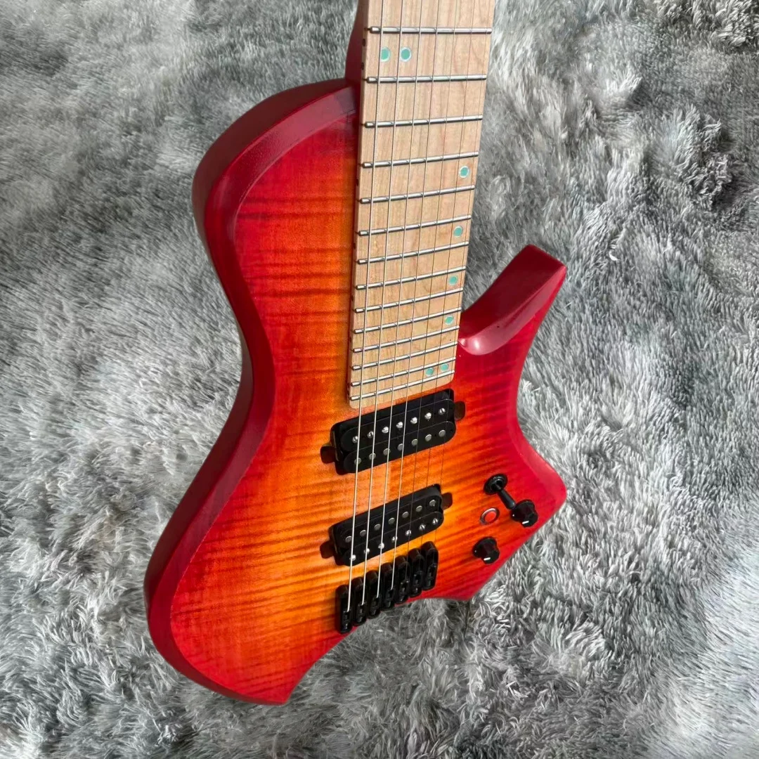 7 String Electric Guitar, Flame Maple Top Sunset Red Orange Burst Finish, HH Humbucker Pickups Black Hardware
