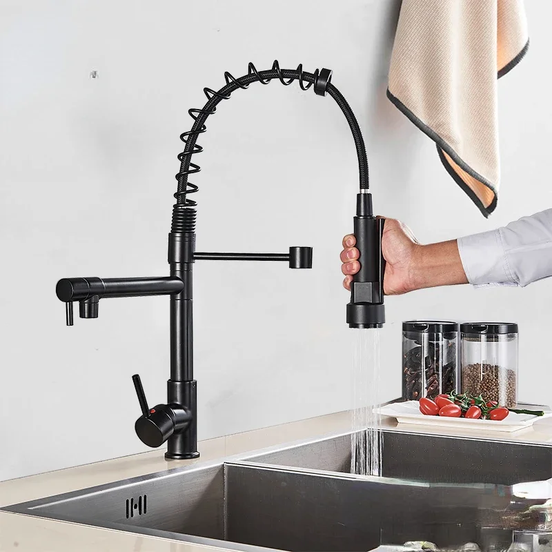 

Black Pull Down Brass Kitchen Sink Faucet Hot Cold Water Mixer Crane Tap with Dual Spout 360 Rotation High Faucet Deck Mounted