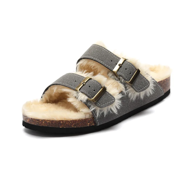 VENTACT Big Size 44-45 New Cork Sandals With Fur Warm Wear Artificial Fleece Outdoor Shoes Casual Double Buckle Clogs Slippers