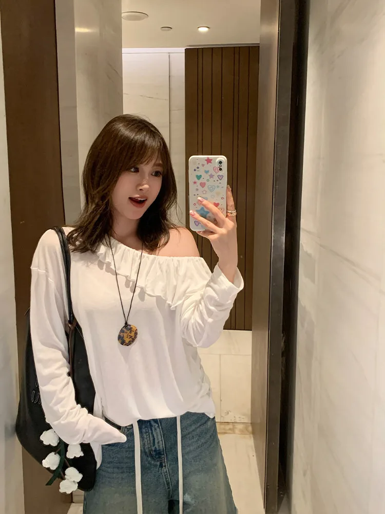 

Высококачественная шерстяная футболка с длинным рукавом, плиссированным воротником на одно плечо, свободного кроя, с защитой от солнца, летняя новинка, женский топ