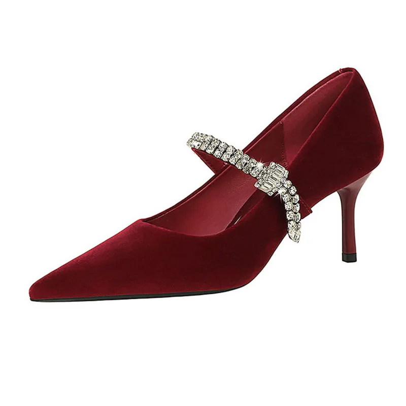 

Woman Pumps Heels 7cm Burgundy Pionted Toe Wedding Dress Shoes Spring Rhinestone Buckle High Heels Ladies Shoes