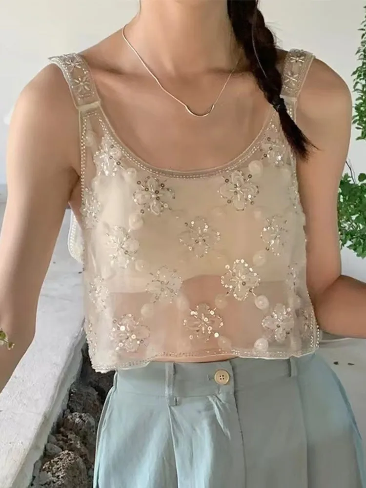 2026 New Glitter  Summer Women Tank Top Loose Sleeveless Round Neck Embroidery Camis Floral Lace Beaded Fashion Vest