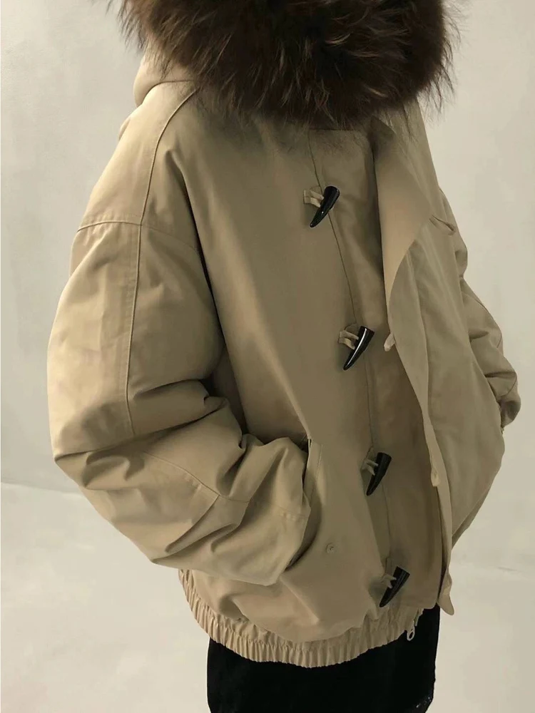 Retro Sle Women's down Jaet with Hood And Fur Collar Loose Fit ort Coat Button Closure Warmth Thi Du down Filling