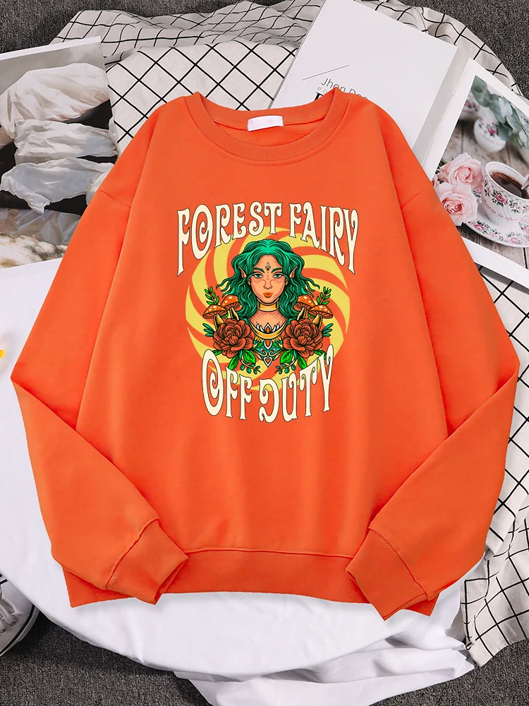 Forest Fairy Off Duty Green Haired Elf With Mushroom Flowers Print Women Hoodies Fleece Sweatshirt O-Neck Fashion Woman Pullover