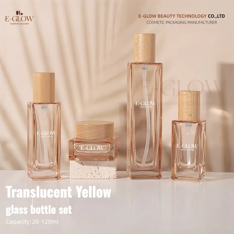 

【С индивидуальным логотипом】1 шт. высококачественный деревянный колпачок, 100 мл, 50 мл, 50 г, полупрозрачные желтые прямоугольные стеклянные флаконы для лосьона, набор баночек для крема, образцы