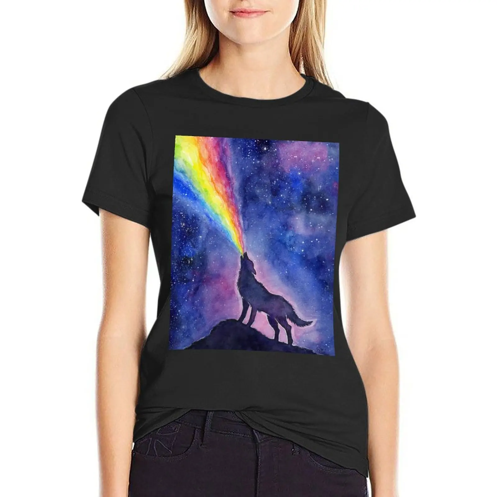 Wolf Howling Rainbow in Space T-Shirt animal print shirt for girls funny tops for Women