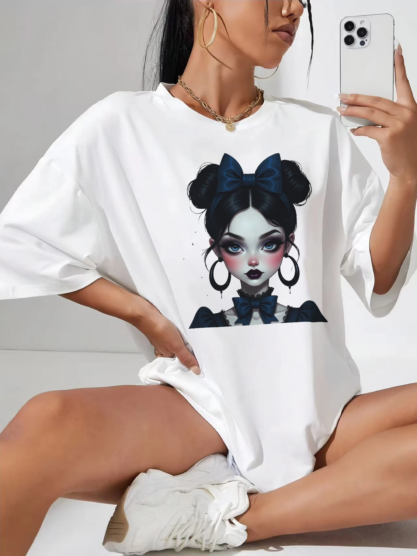 

Midnight-Bow-Girl-Goth Soft white cotton maternity tee flattering round neck full length for pregnancy style