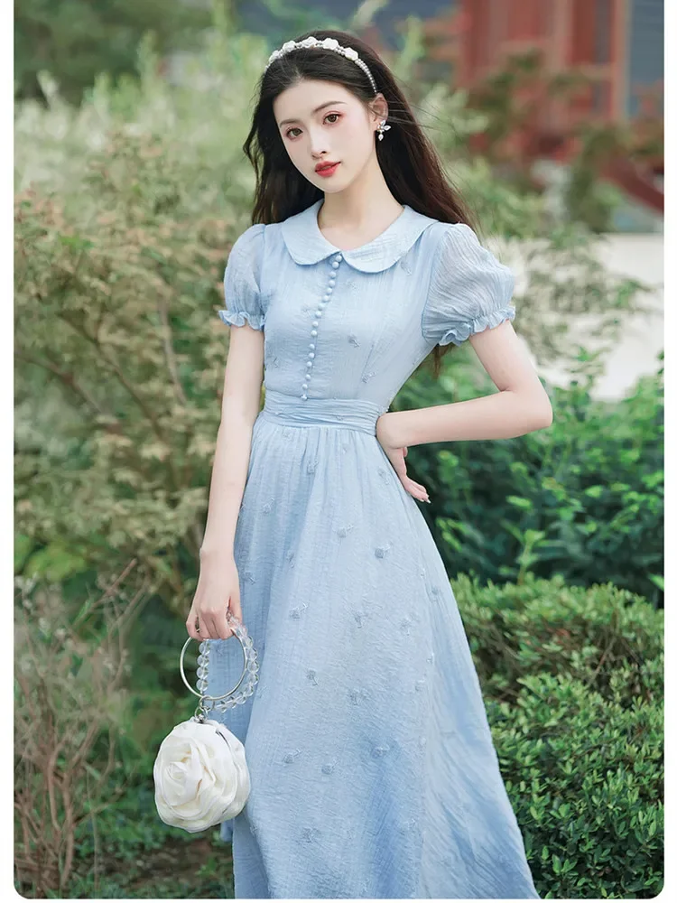 French Vintage Embroidery Dresses for Women\'s High Quality Short Sleeve Vestidos Blue Summer Peter pan Collar Sweet Dress