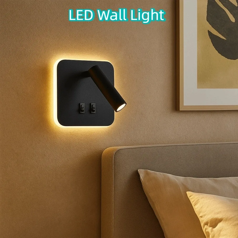 

Portable Dual Switch LED Wall Light Square 350 Degree Rotating Reading Wall Lamp Wall Mounted Dimmable Rotating Light Hotel Room