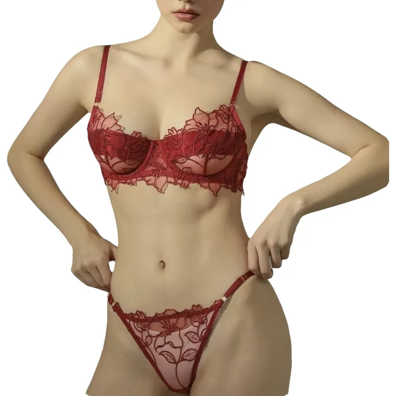 French Style Sexy Thin Cup Triangle Cup Underwire Bra Set Red Embroidered Lace Bikini Sets For Woman Casual Beach Style JOH9