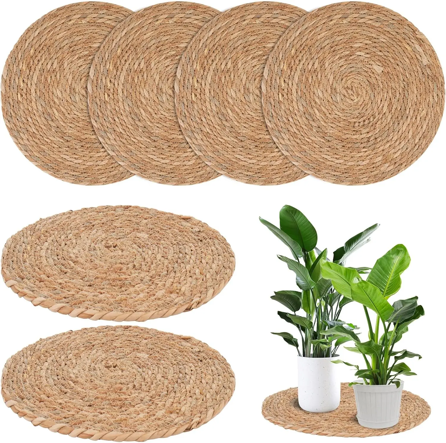 

Набор из 6 больших плетеных подставок для растений (14 дюймов) для пола, натуральные коврики из морской травы для комнатных растений, толстые круглые подставки