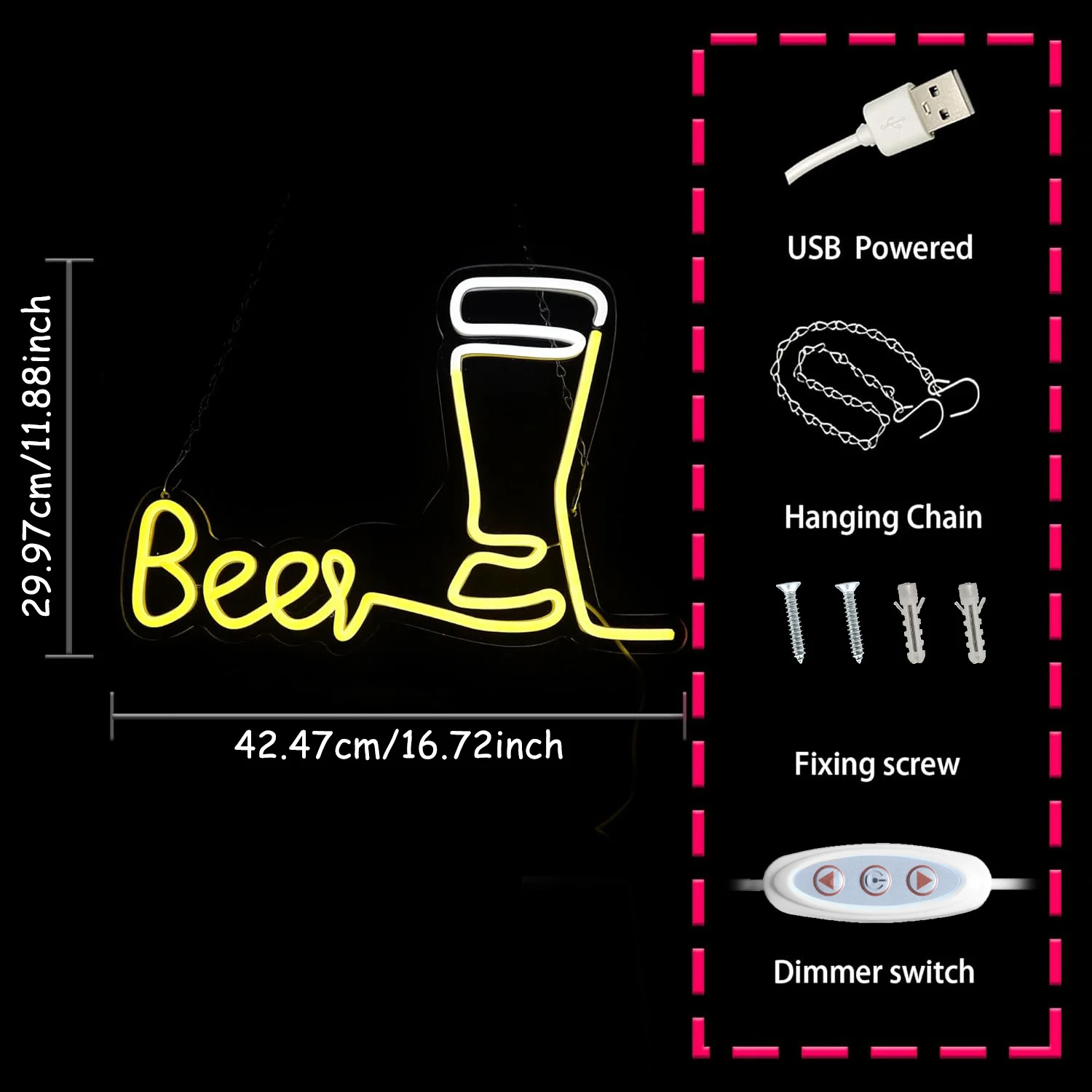 맥주 LED 네온 조명, USB 전원, 밝기 조절 가능, 홈 바, 라운지, 파티 장식에 적합