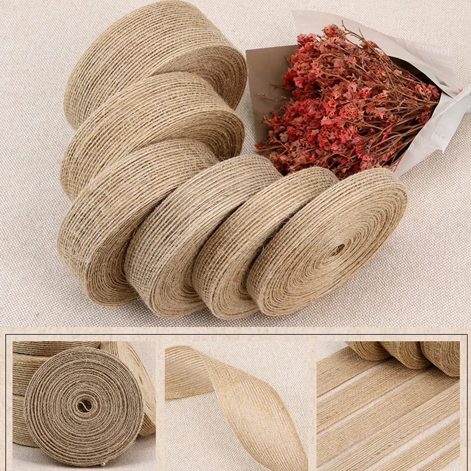 1/10M Natural Burlap Fabric Ribbon for Christmas Tree Gift Wrapping DIY Hemp Wedding Event Party Home Bows Crafts Decoration