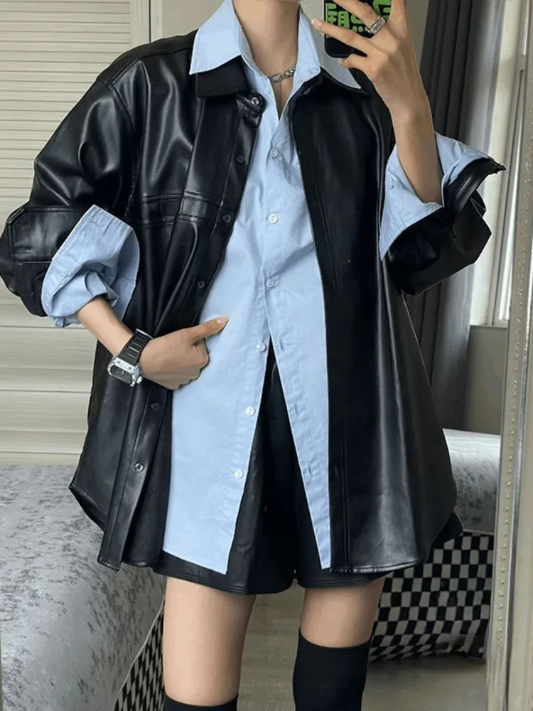 BZVW Fashion PU Leather Jacket Elegant Vintage All Match Lapel Street Tide Shirt Outerwear Women 2025 New Spring Autumn 2694