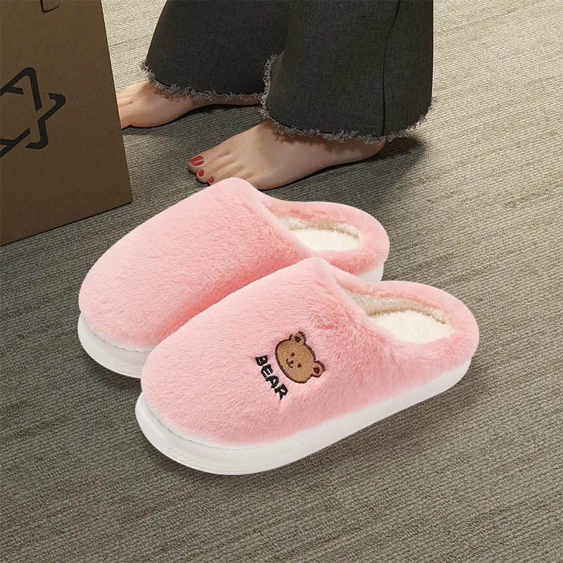 Warm Winter Cartoon Bear Print Women Plush Fur Slippers Men Slip On Girls Ladies Man Home Cotton Shoes