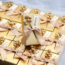 Candy Box Gold Square Wedding Decoration Baby Shower Birthday Happiness Bows Celebration Companion Gift Packaging Party Favors