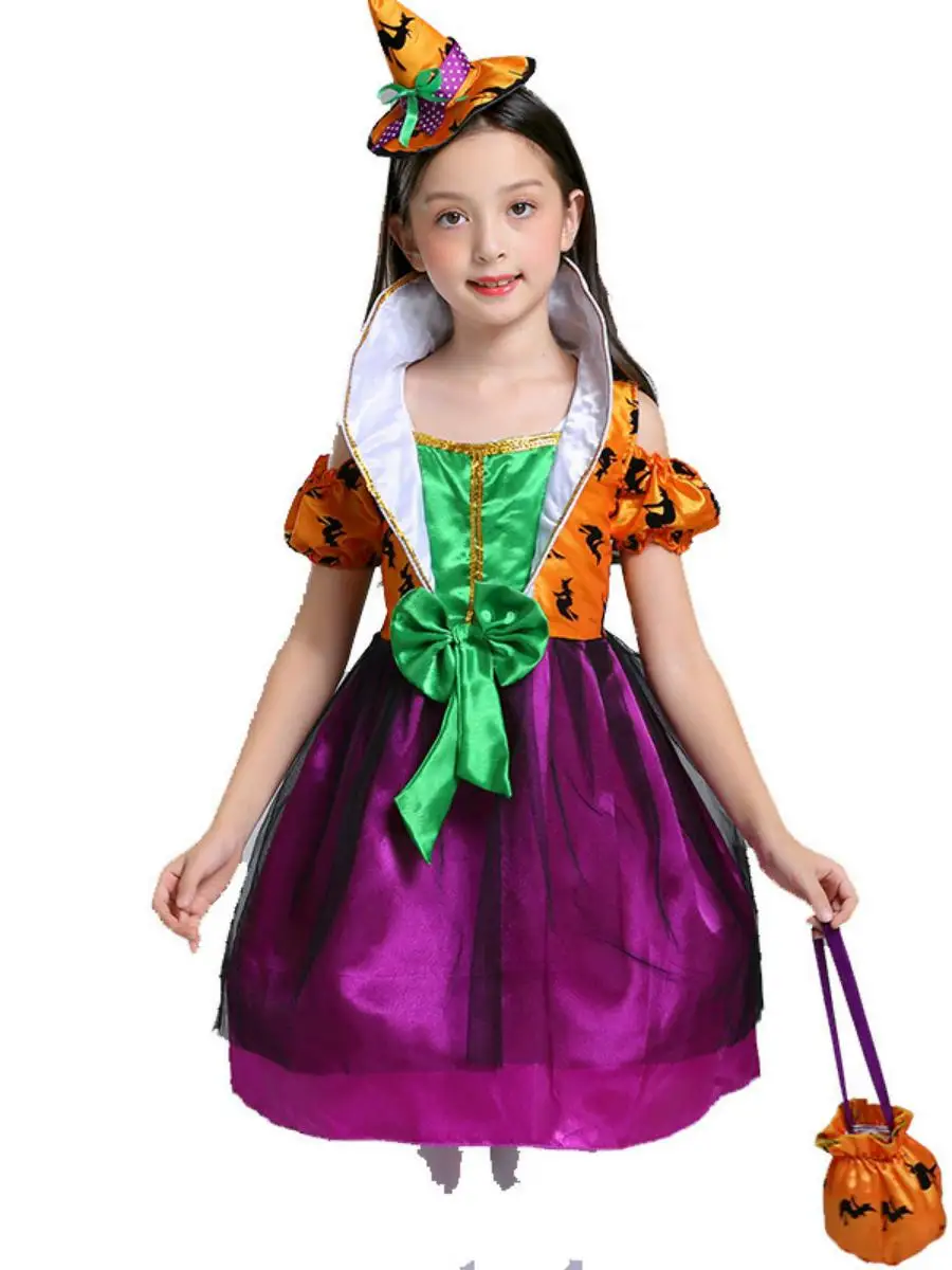 Fantasia de bruxa infantil loween, macacão de morcego eup par abóbora, roupas de performance de poliéster, fibra de acetato 00%