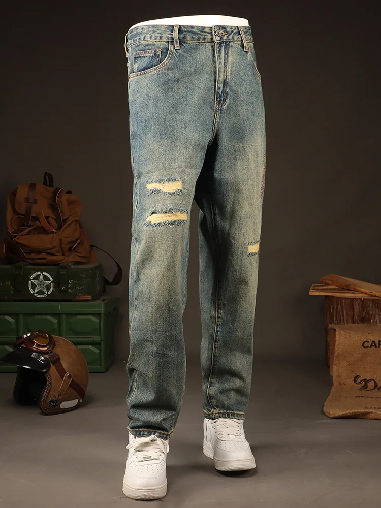 

2025 модная уличная мужская одежда, американские джинсы в стиле ретро, мужские свободные прямые молодежные длинные брюки с нашивкой для пирсинга