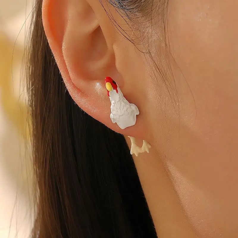 1/3Pairs شخصية الموضة الإبداع رسمت باليد الدجاج أقراط قلادة مجوهرات مقاومة للحساسية المعادن خواتم أذن عادية #2