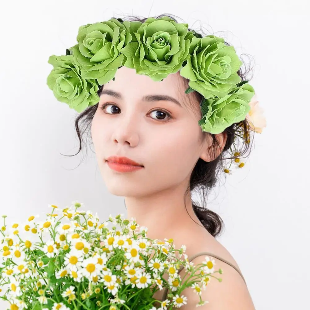 Rose Headband Handmade Hair Hoop with 5 Artificial Roses High Elastic Rose Flower Crown Bohemia Style Hair Hoop Festival Decor