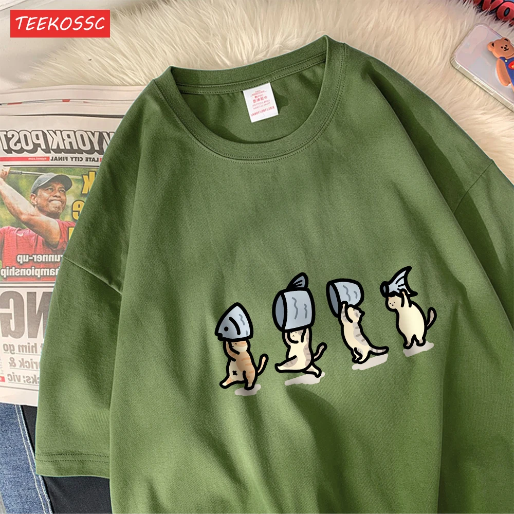 Vier Kleine Katzen Halten Fishcotton Frauen T-Shirts Cartoons Drucke T Shirts Weiche Oansatz Lose Kurzarm Tops Sommer Kleidung – Detail 30