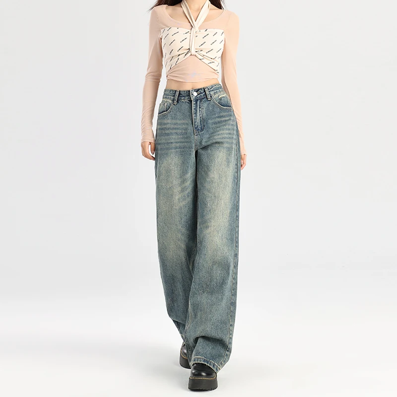 Pantalones vaqueros informales sueltos de cintura alta, pantalones acampanados largos hasta el suelo, pantalones vaqueros de estilo americano Retro Azul de pierna ancha