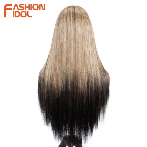 Imagen 2 del producto FASHION IDOL 13x7 pelucas frontales de encaje sintético con pelucas de pelo de bebé para mujeres Rubio degradado marrón 30 pulgadas pelucas de encaje recto Cosplay