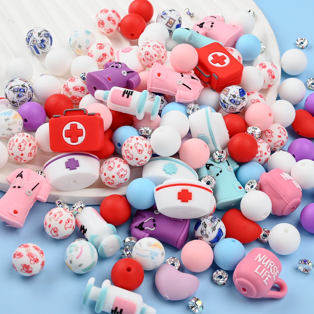 

30/38Pcs Silicone Bead Set Nurse Themed Silicone Bead Multi-purpose Focus Beads for Pacifier Chains Keychain and Bracelet Making