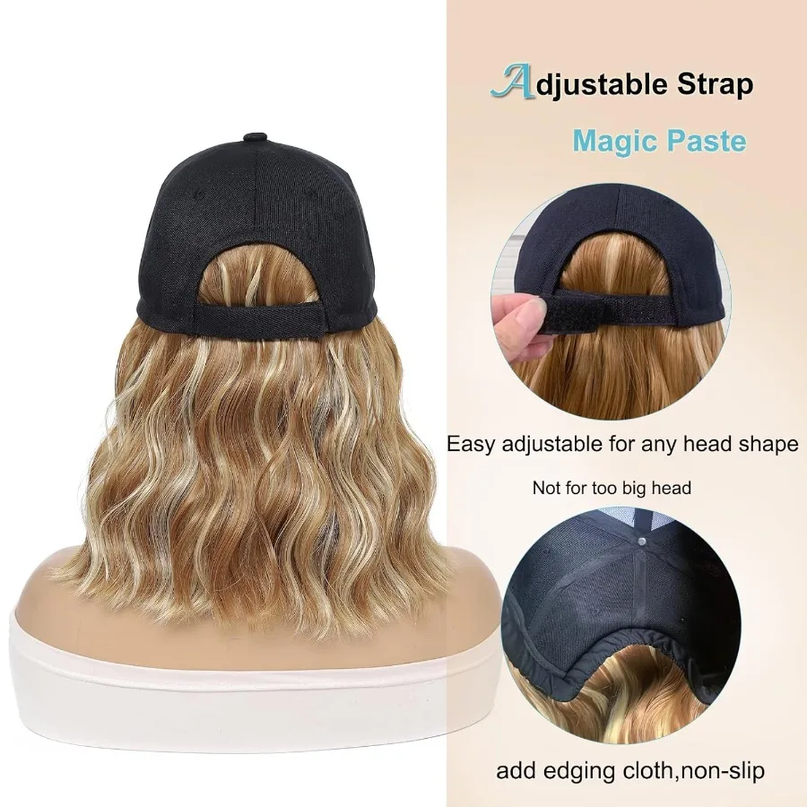 باروكة قبعة بيسبول قابلة للتعديل مع وصلات شعر مموجة طبيعية للنساء، قطعة شعر صناعية مجعدة ومموجة مثالية لـ Ev
