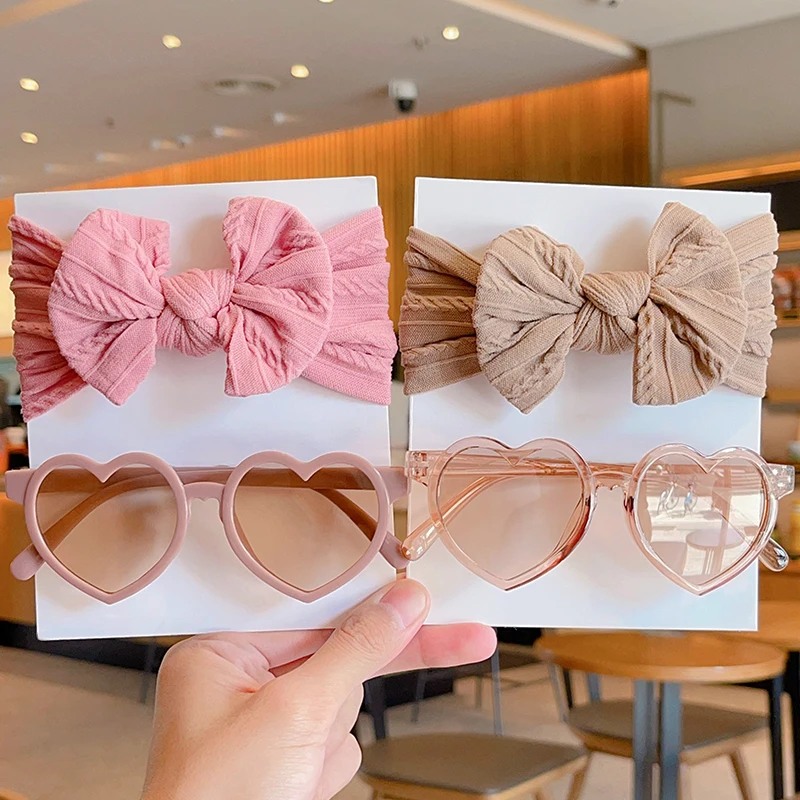 2 Pcs/Set New Children Cute Solid Bowknot Wide Hairbands Heart Sunglasses Hair Bands Baby Girls Headwear Kids Hair Accessories