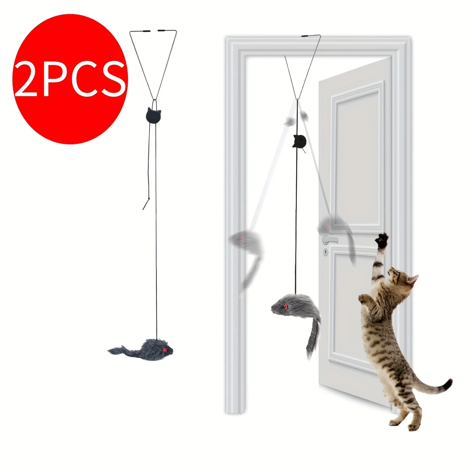 Image of 2-teiliges verstellbares hängendes Katzenspielzeug, interaktives Mausspielzeug, hängende Tür, einziehbares Spielzeug, lustiges Kätzchen, Kratzseil, Mausspielzeug