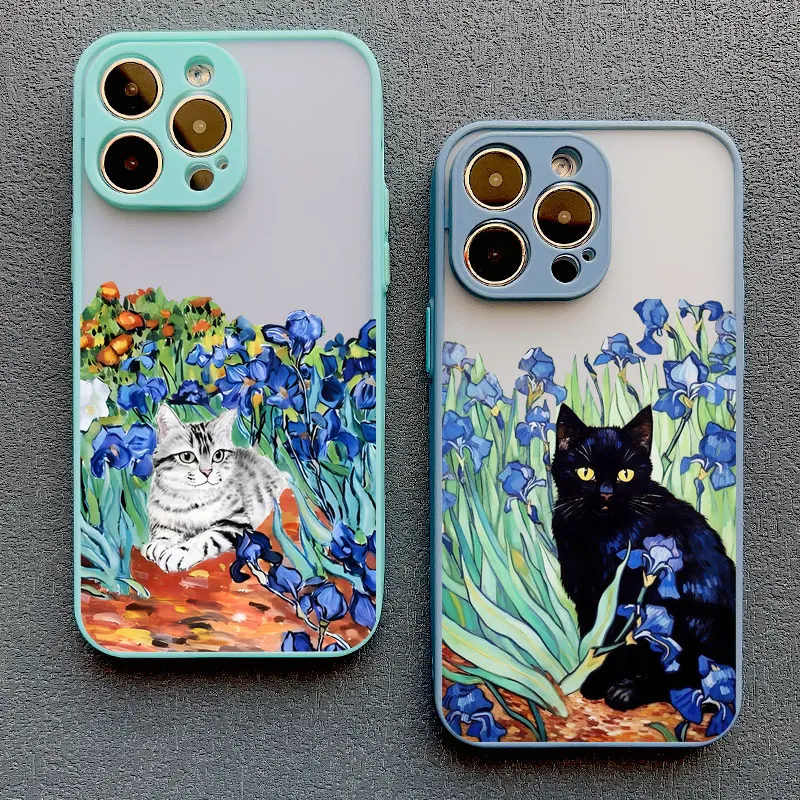 Claude Monet Funny Cat Art Phone Case For iPhone 14 15 Pro Max Plus 16 11 12 13 Pro Max Mini X XR XS 7 8 Cover Shockproof Coque