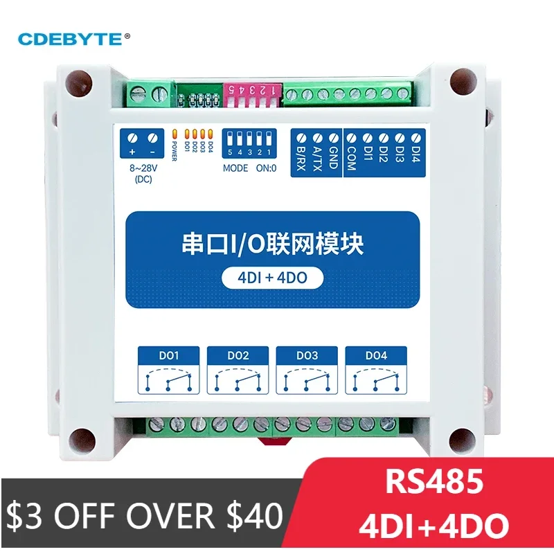 ModBus RTU Serial IO Module RS485 Interface 4DI+4DO 4 Digital Outputs Rail Installation 8~28VDC CDEBYTE MA01-AXCX4040