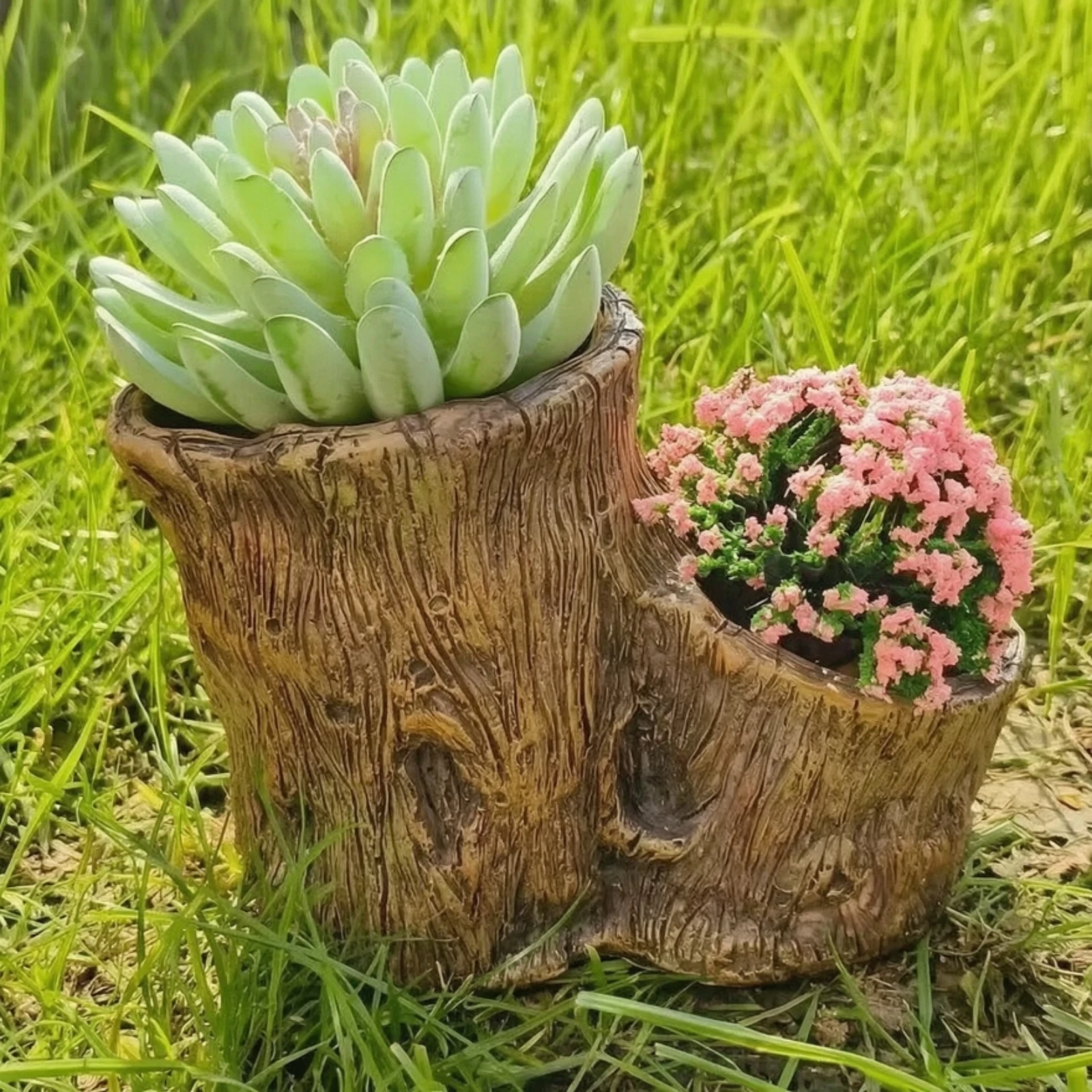 Tree Stump Planter Rustic Stump Planter Log Flowerpot Wood-Grain Succulent Pot Natural-Look for Plant Lovers, Desk, Shelf