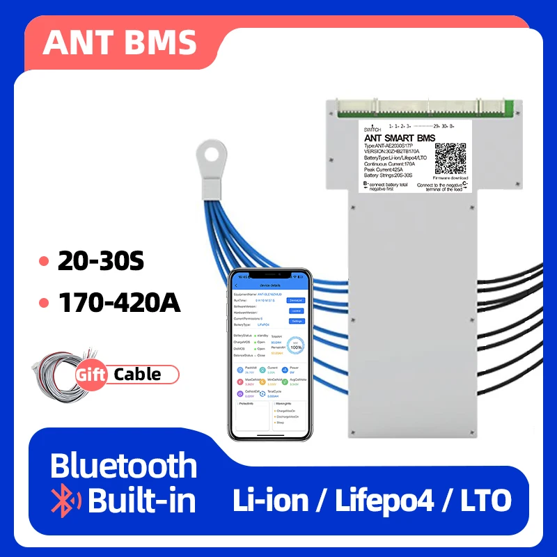 

ant smart bms 20-30s 170a 230a 420a Support Li-ion LiFePo4 LTO battery built-in BT Equalizing function 20s 72v bms 20s ant bms