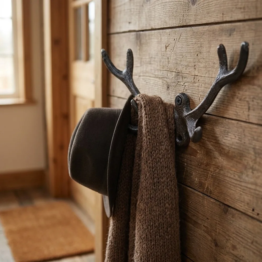 Sturdy cast iron antler wall hook for hanging cloth hats scarves and keys a practical and decorative addition for any room