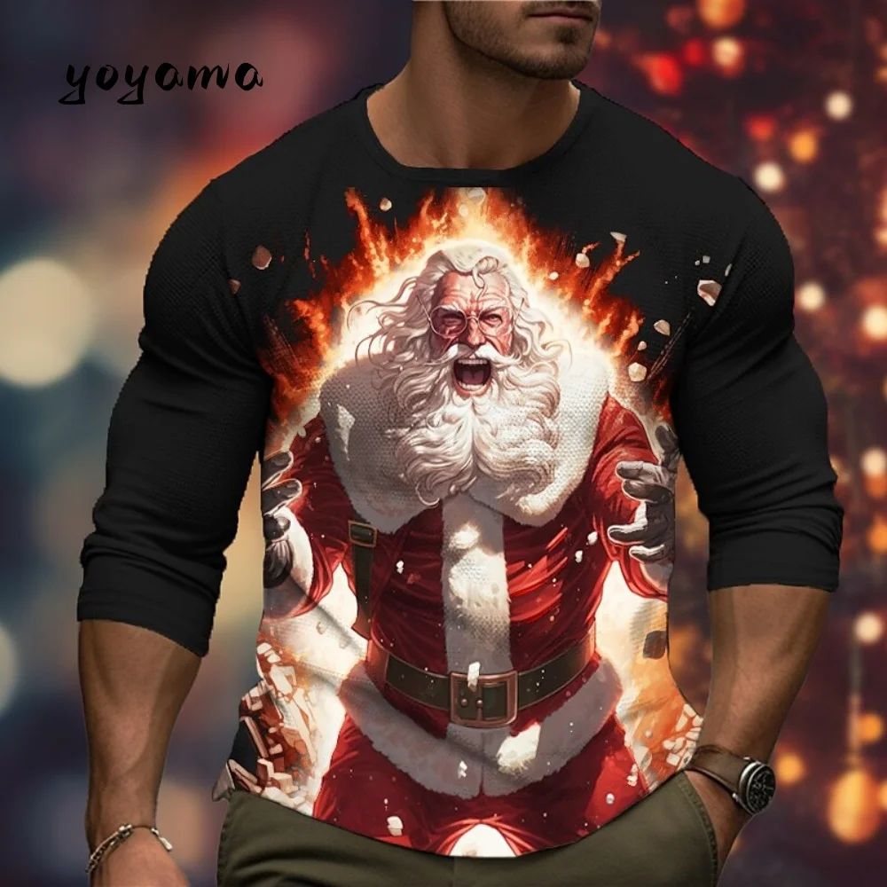 Men Long Sleeved T-Shirt 3D Print Santa Claus Pattern Autumn Christmas Theme Fashion Plus Size Men Clothing Loose O-Neck Men Top