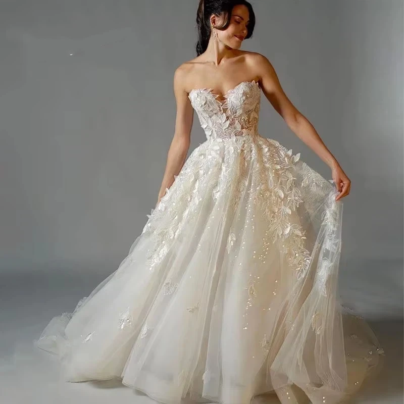 Elegant Champagne A-LINE Chiffon Decal Women's Wedding Dress New Sexy Sweetheart Backless Dance Party Bridal Gown Customized