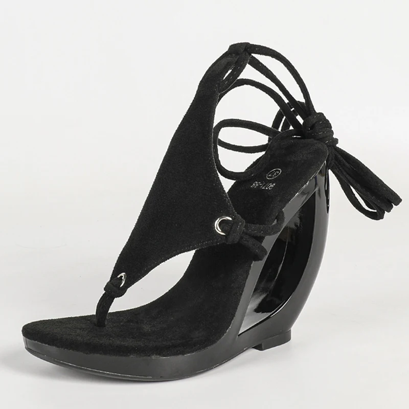 Strange Style Hollow Wedge Sandals Women Summer Platform Clip Open Toe Ankle Cross Strap Pink High Heels Party Prom Shoes